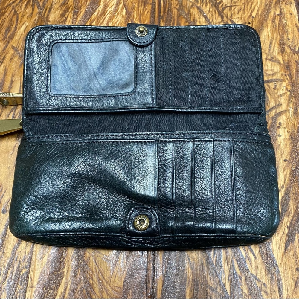 Vintage Fossil Explorer Flap Black Leather Tri-Fold Wallet Gold Logo 7” X 4” - Picture 6 of 9